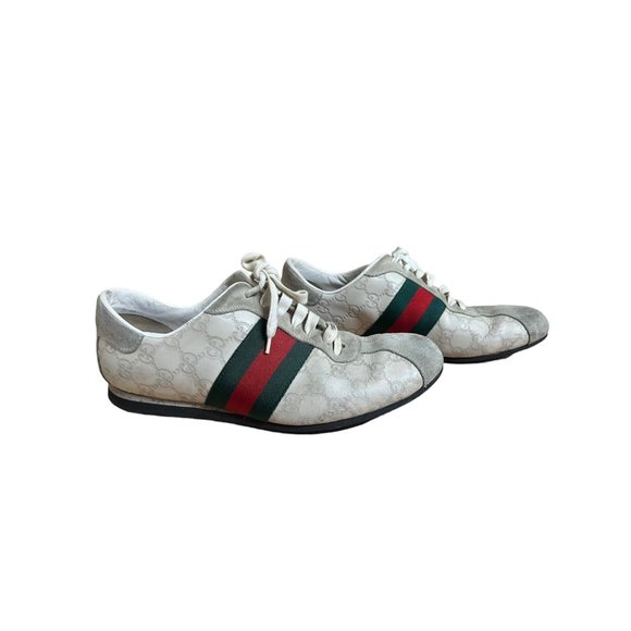 Gucci Off White Guccissima Leather and Suede Monogram Web Low Top Men's Sneakers - Picture 1 of 10